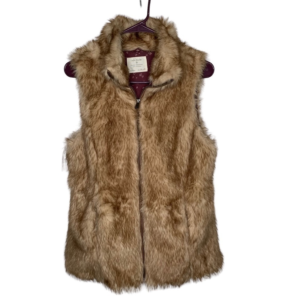 Zara Girls Winter Faux Fur Vest Size XL Brown Zip Front Warm Lined